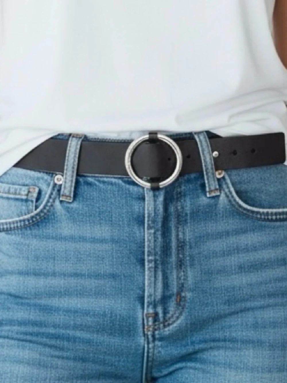 Michael Kors Black Leather Belt with Silver Ring Buckle